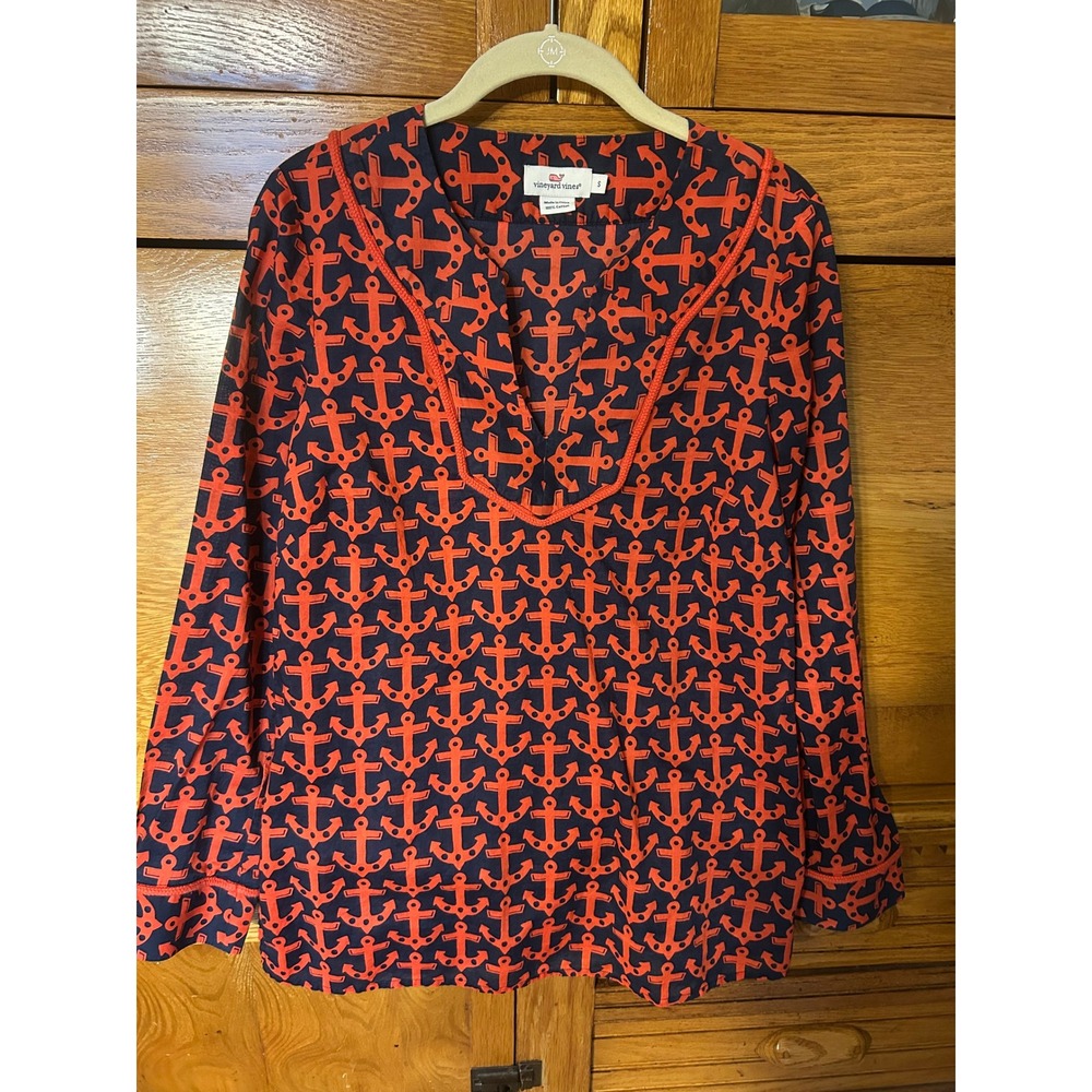 Vineyard Vines Nautical Preppy Navy Red Anchor Print Cotton Tunic Top Split Neck